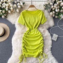Sexy Drawstring Ruched Mini Bodycon Dress Solid Colour Ribbed Short Sleeve Tight Fit T-shirt Women Summer Streetwear 210603