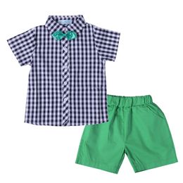 Boys Set Summer Fashion Design Baby Clothing Tie Plaid Shirt Top+ Pants 2Pcs ChildrenClothes 210515