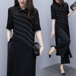 Plus Size 5xl Women Two Piece Outfits Summer Striped Wide Leg Pants Splicing Women 2 Piece Set Top And Pants Conjunto Feminino X0428