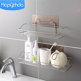 Hapythda Stainless Steel Bathroom Storage Shelf Shower Organiser Basket Punch-Free Kitchen Wall Hanging Rack 211112