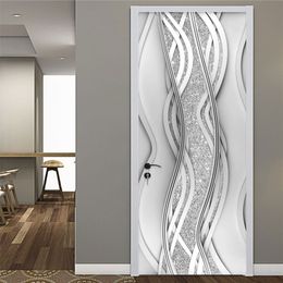 PVC Door Sticker Modern 3D Abstract Fashion Line Silver Pearl Wallpaper Living Room Art Door Poster Self-Adhesive Mural Stickers 210722