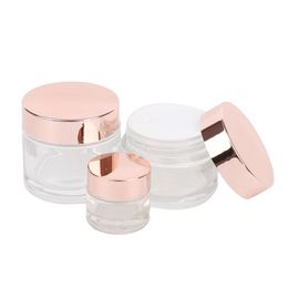 Frosted Glass Cream Jar Clear Cosmetic Bottle Lotion Lip Balm Container with Rose Gold Lid 5g 10g 15g 20g 25g 30g 50g 60g 100g