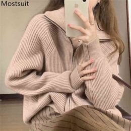 Thicken Warm Knitted Sweater Coat Jacket Women Winter Zip-up Long Sleeve Turn-down Collar Fashion Female Ladies Tops Femme 210513