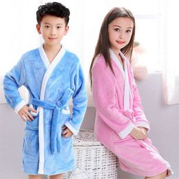 5-9 Years Bathrobe For Children Fashion Solid Colour Kids Robe Girl Clothing Flannel Long Sleeve Boy Bath 211109