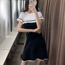 Summer Women Dress Black White Short Ruffles Mini es A-line Korean O-Neck Casual Fashion Empire Patchwork 210514