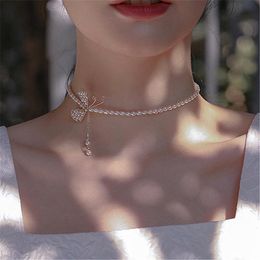 Fashion Elegant Bowknot Inlaid With Pearl Tassels Chokers Necklaces Clavicle Chains Gift For Women