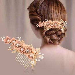 Imitation Pearl Flower Hair Combs Headpiece Wedding Prom Bridal Accessories Trendy Luxury Gold Leaves Jewelry Pin Clips & Barrettes