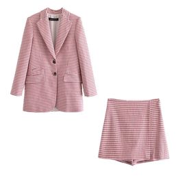 Women 2 piece set Pink Checked Blazer & Shorts Skort Fashion Elegant Chic Lady Woman suits Two-piece Set Outfits 210709