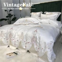 Bettwäsche-Sets für vier Jahreszeiten, erstklassiges europäisches Luxus-Baumwollstück, Seidenbettlaken im Prinzessinnen-Stil, bestickter Bettbezug, Eis