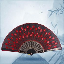 NewHandmade peacock Embroidery Fabric folding fan silk top grade bridal fans Bridesmaid fans hollow bamboo handle wedding EWD7495