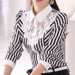 New Women Lace Spliced Embroidery OL Blouses Tops Feminine Slim Shirt Korean Fashion Stripe Tops Plus Size 4XL H1230