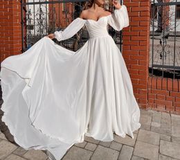 Elegant 2021 White Simple A Line Wedding Dresses Plus Size Bridal Gowns Sweetheart Neck Puffy Sleeves Satin Vestidos De Novia