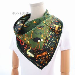 Army green luxury scarf women printed bird 100% real silk twill scarves wrap foulard shawl 90cm square bandana lady gift