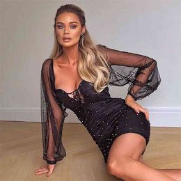 Women Sexy Fashion Hollow Out Long Sleeve Lace Bandage Dress Elegant Celebrity Prom Cocktail Bodycon Party 210527