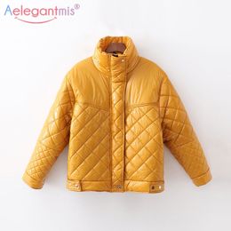 Aelegantmis Winter Women Padded Coat High Collar Long Sleeve Zipper Parkas Ladies Cotton Basic Outwear Casual Overcoat 210607