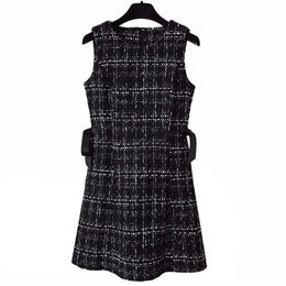 PERHAPS U Tweed Dress Elegant Side Bow A-line Dresses Black Plaid Sleeveless Summer O Neck Mini Dress D0845 210529