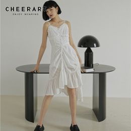 Drawstring Asymmetrical Slip Dress Summer V Neck Spaghetti Strap White Ruffle Ruched Frill Clothing 210427