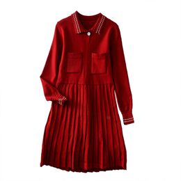 Women Knitted Black Red Khaki Gray Turn Down Collar Pocket Long Sleeve Pleated Mini Dress D1450 210514