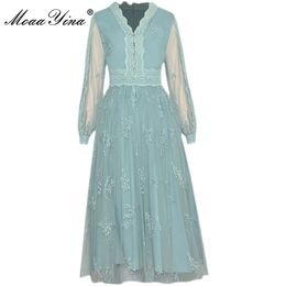 Fashion Designer dress Spring Women's Dress V-neck Long sleeve Mesh Sequins Embroidery Dresses 210524