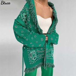 Autumn Winter V Neck Loose Print Knitted Cardigan Women Green Y2k Fashion Oversized With Sashes Long Sleeve Casual Sweater 211103