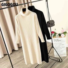 GIGOGOU Winter Turtleneck Long Knit Women Maxi Sweater Dress Autumn Thick Warm Long Sleeve Straight Dresses Solid OL Midi Dress 210915