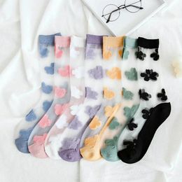 Women Girl Transparent Flower Silk Socks Multicolor Cute Flowers Breathable Sock for Gift Party Fashion Hosiery