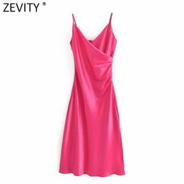 Zevity Women Fashion V Neck Solid Color Side Pleats Sling Dress Female Chic Inner Style Zipper Split Vestidos DS8503 210603