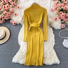 Autumn winter new design women's stand collar with belt knitted vent jag pencil bodycon dress