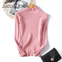 Jocoo Jolee Women Autumn Elegant Long Sleeve Turtleneck Sweater Casual Harajuku Solid Pink Pullover Korean Slim Tight Jumper 210619