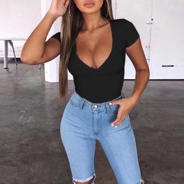 Casual Basic Bodysuit Women Summer Short Sleeve Skinny Jumpsuit Bodycon Jumpsuit Romper Body Top Cotton Ladies Solid Broadcloth Y0927