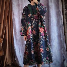 Johnature Women Warm Cotton Print Flower Parkas V-Neck Long Sleeve Robes Winter Loose Retro Women Vintage Parkas 210521