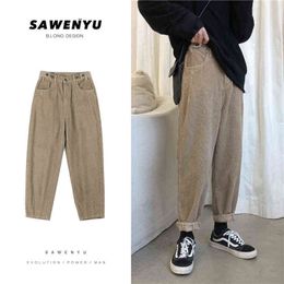 Privathinker Autunm Winter Corduroy Men's Casual Pants Straight Loose Vintage Trousers For Male Solid Colour Fashion Pants H1223