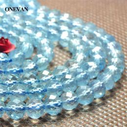 ONEVAN Natural A+ Aquamarine Faceted Round Loose Charm Beads 4mm Stone Bracelet Necklace Jewellery Making Diy Accessories Design