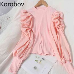 Korobov Korean Fashion Puff Sleeve Patchwork Knit Sweaters Streetwear Fashion O Neck Vintage Jumper Femme Vintage Sueter Mujer 210430
