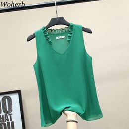 Summer Sexy Ruffle V-neck Chiffon Blouse Women Casual Solid Sleeveless Shirt Lady Plus Size Blusas Modis Tops 210519