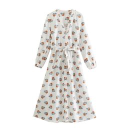 Fashion Vintage With Belt Floral Print Midi Dress Long Sleeve Button-up Female Dresses Vestido Feminino 210430