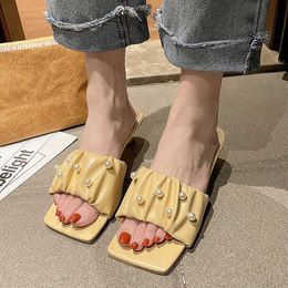 Rimocy Summer Pearl Square Toe Ladies Slides Casual Thin Heels Women Slippers PU Leather Pleated Outdoor Beach Sandals Woman 210528