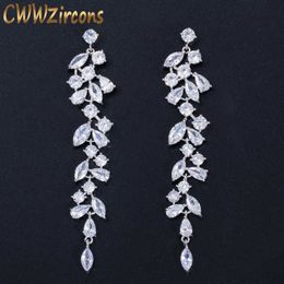 est CZ Zirconia Crystal Leaf Long Drop Dangle Earrings for Women Bridal Wedding Jewelry Accessories Gift CZ577 210714