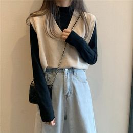 Autumn Casual Base Inner Solid Colour Short Pullover Vest Top Women V Neck Fashionable All Match Knitted Sweater Female 210520