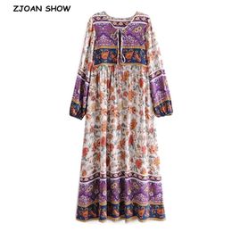 Bohemia Bandage Lacing up Collar Contrast Colored Floral Print Midi Dress BOHO Woman Long Sleeve Holiday Dresses Beach 210429