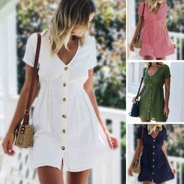 Women's Dress Spring/Summer Pure Color Single Row Buttons V-Neck Dress Women Slim High Waist Casual Dress Vestido 201025