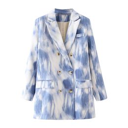 fashion women blue print blazer office ladies double breasted jackets casual female pocket suits girls chic sets 210430