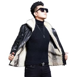 Mens Winter Real Leather Jacket Wolf Fur Coat Thicken Warm Waterproof Jackets Slim Outerwear Tops Plus Size Black 2021 XXXL