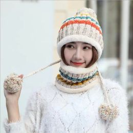 fre ship New autumn winter warm women's Colour matching knitted Hats & Scarves Sets 12a Fashion Outdoor windproof and cold-proof Woollen cap