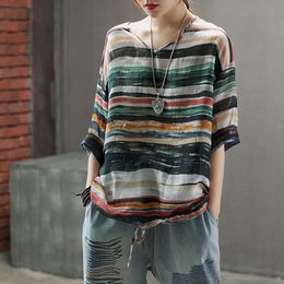 F&je New Summer Women T Shirt Plus Size Half Sleeve Loose V-neck Tops Vintage Striped Wave Print linen Tops Tee Shirt 210317