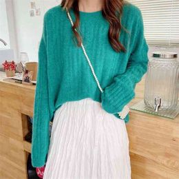 Loose round neck pullover twist knit sweater jacket women autumn Korean version of pure Colour lazy chic wild 210427