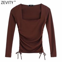 Zevity 2021 Women Simply Square Collar Solid Elastic Pleated Short Chic T Shirt Ladies Long Sleeve Casual Slim Crop Tops 210317