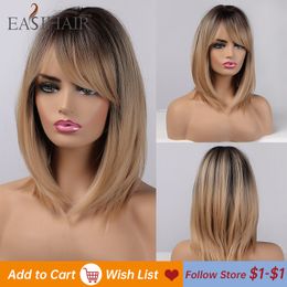Dark Brown Root Ombre Golden Synthetic Wig Natural Hair for Women Female Layered Wig with Said Bangs Heat Resistant Wigfactory direct