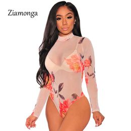 Ziamonga Sheer Turtleneck Sexy Club Jumpsuits Women Rompers Lace Bodycon Overalls Body Long Sleeve Black Flower Mesh Bodysuit Y0927