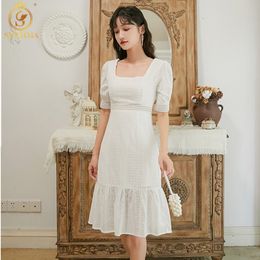 Vintage Elegant Lace Hollow Out Summer Dress Fashion Slim Robe Sweet Puff Sleeves Square Neck White Dresses Vestidos 210520